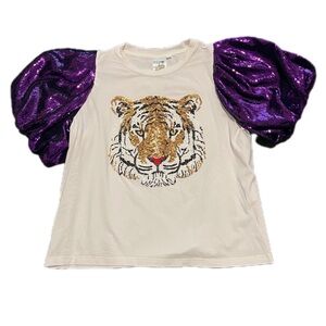 QUEEN OF SPARKLES | Sequin Tiger Top - White and Purple
Size S | Never been worn